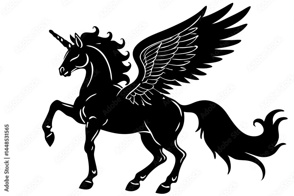 Fototapeta premium Silhouette winged unicorn or alicorn rearing up with black aesthetic style design, unicorn, alicorn, rearing, black, silhouette, wing, wings, winged, animal, mythical, fantasy, horse, pegasus