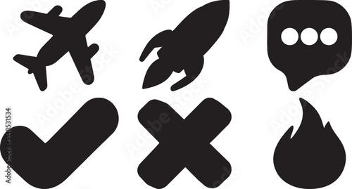 Airplane Rocket Checkmark Flame Icons Set for Travel Startup App Design