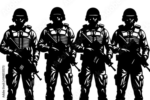 Four soldiers in silhouette standing in a row with weapons ready, soldier, soldiers, military, army, troops, weapon, gun, uniform, row, facing, silhouette, war, combat, defense, protection, guard