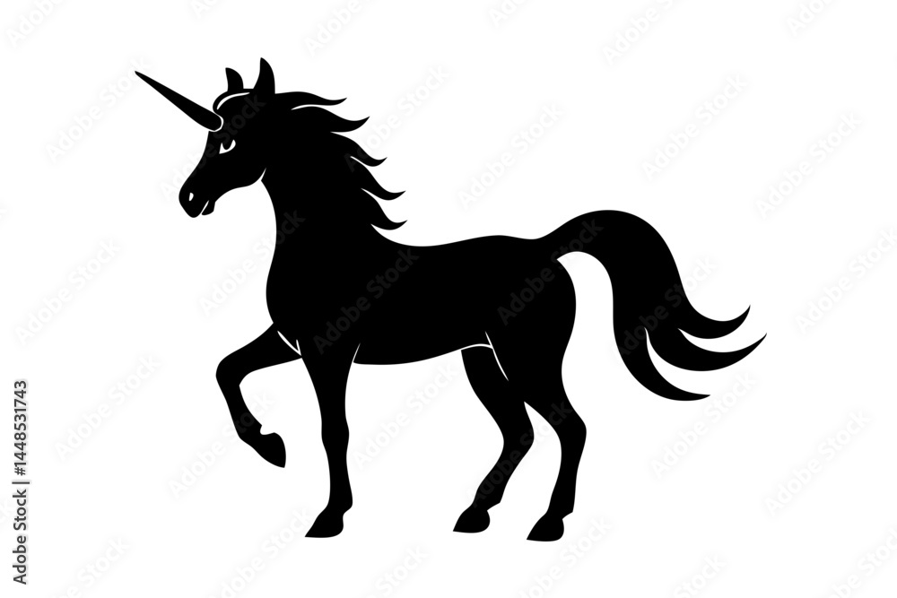 Elegant unicorn silhouette design standing with one leg raised magic, unicorn, silhouette, mythical, horse, magical, standing, animal, fantasy, vector, illustration, design, fairytale, graphic, horn Elegant unicorn silhouette design standing with one leg raised magic, unicorn, silhouette, mythical, horse, magical, standing, animal, fantasy, vector, illustration, design, fairytale, graphic, horn