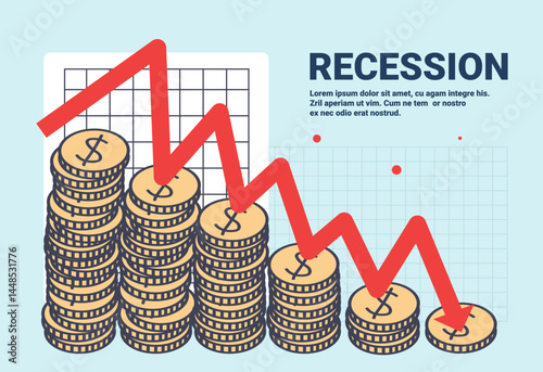 Recession economic downturn coins stacks declining red arrow financial crisis chart blue background infographic banner