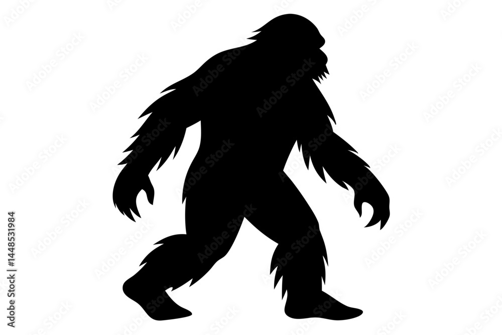 Fototapeta premium Walking bigfoot silhouette illustration on a white background with transparency, bigfoot, sasquatch, cryptozoology, silhouette, walking, mystery, legend, creature, folklore, mythical, cryptid, ape