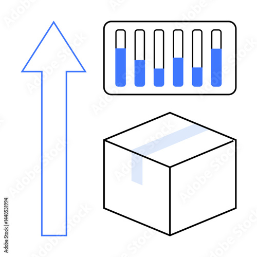 Large upward-pointing arrow, bar chart with blue progression, and a taped box representing growth, data analysis, and shipping. Ideal for business strategy, logistics, analytics, marketing planning