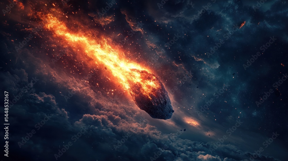 Obraz premium Fiery Meteor Showering Through Dark Cosmic Clouds