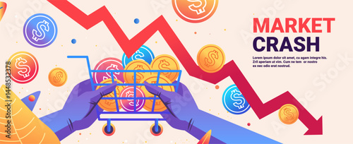 Market crash shopping cart coins falling red downward graph financial crisis concept colorful background website banner