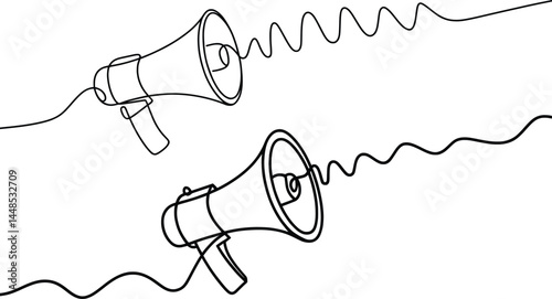 Line Art Megaphone Illustration, Loudspeaker Soundwave Sketch Design.