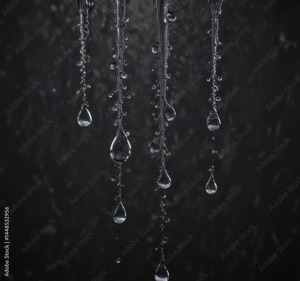 Water droplets cascading from a sharp edge, blurred motion trails on black ,  dynamic,  backdrop