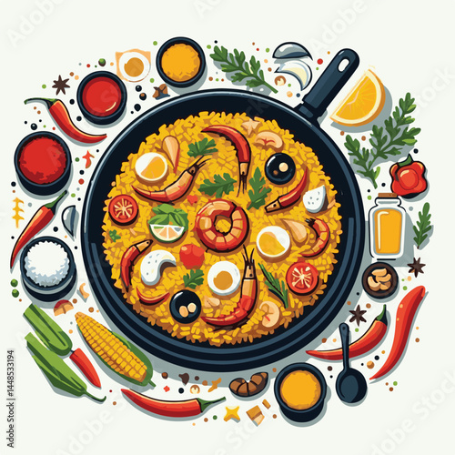 rice, paella, dish, meal, spanish, cuisine, food, seafood, pan, dinner, traditional, shrimp, mediterranean, spain, cooking, prawn, vegetable, cooked, background, plate, mussel, gourmet, shellfish, res