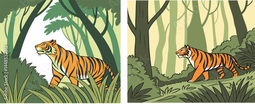 A tiger sits on a wooden bridge railing gazing out at the lush green forest landscape