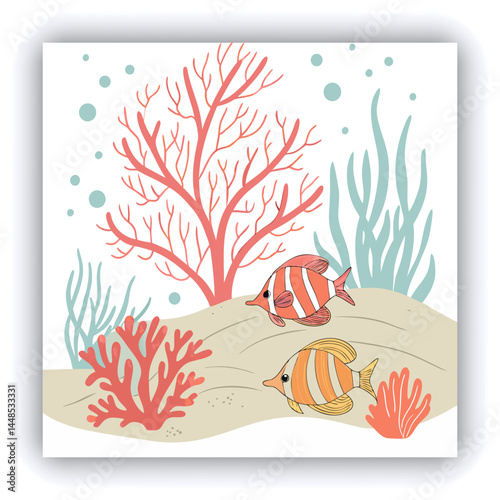 Watercolor illustrations of seaweed and sea sponges, set of multicolored isolated pictures, hand drawn. For the design of patterns, labels of natural cosmetics, decor on the marine theme
Keywords: