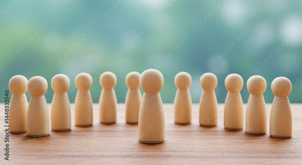 Group of wooden pawn figures arranged in curved formation on wooden surface against blurred blue background. Team concept, workforce diversity, collaboration, or community gathering representation. Group of wooden pawn figures arranged in curved formation on wooden surface against blurred blue background. Team concept, workforce diversity, collaboration, or community gathering representation.