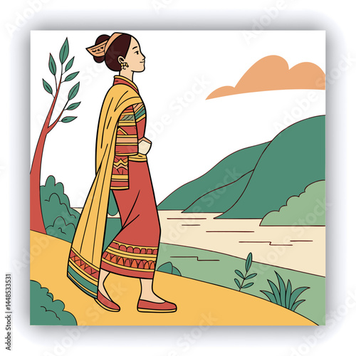Vertical shot of a woman wearing a long skirt and admiring the beautiful pictures of nature