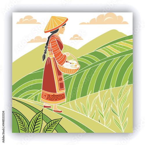 Vertical shot of a woman wearing a long skirt and admiring the beautiful pictures of nature