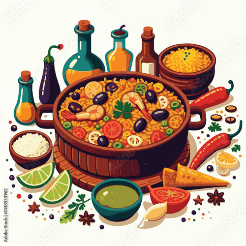 rice, paella, dish, meal, spanish, cuisine, food, seafood, pan, dinner, traditional, shrimp, mediterranean, spain, cooking, prawn, vegetable, cooked, background, plate, mussel, gourmet, shellfish, res