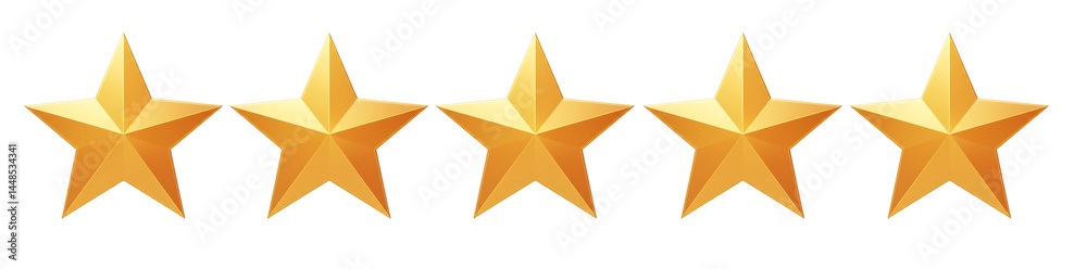Fototapeta premium Golden five star rating review icon for feedback systems isolated on transparent background