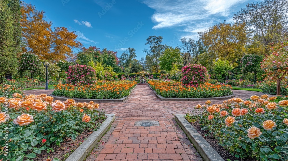 Fototapeta premium A vibrant autumnal garden pathway lined with colorful flowers and trees.