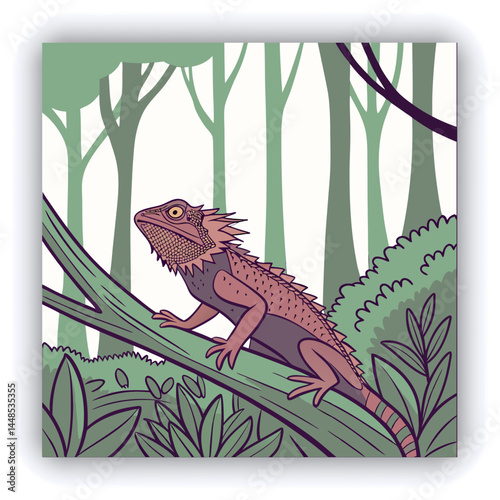 Orange and Green Iguana with Spiky Crests on a Tree Branch