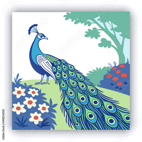 A vibrant and colorful peacock with its feathers fully displayed, showcasing the intricate patterns and shades of blue, green, and turquoise
