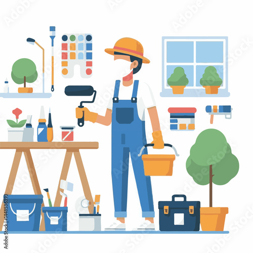 painter, paint, brush, work, design, apartment, wall, roller, paintbrush, man, interior, house, equipment, professional, improvement, white, construction, job, tool, decoration, art, renovation, profe