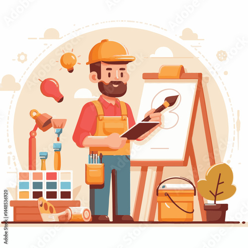 painter, paint, brush, work, design, apartment, wall, roller, paintbrush, man, interior, house, equipment, professional, improvement, white, construction, job, tool, decoration, art, renovation, profe