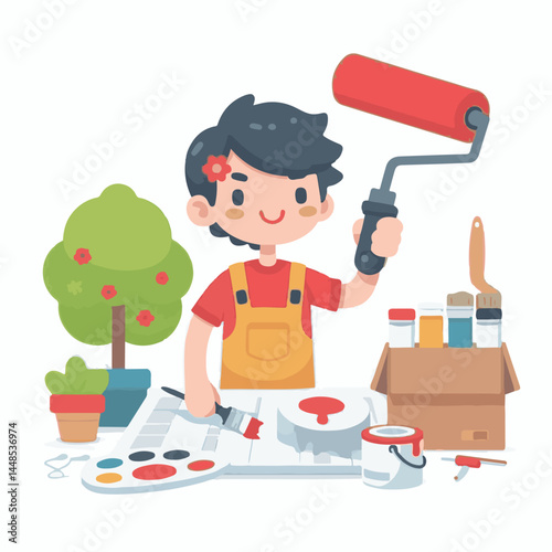 painter, paint, brush, work, design, apartment, wall, roller, paintbrush, man, interior, house, equipment, professional, improvement, white, construction, job, tool, decoration, art, renovation, profe