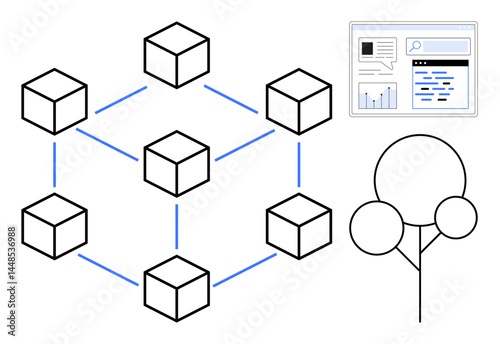 Interconnected cubes in a blockchain network, data dashboard, and tree symbolizing growth. Ideal for blockchain, data management, innovation, technology, decentralization, efficiency simple landing