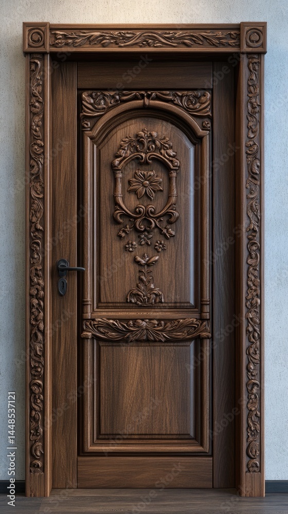 Ornate wooden door with intricate carvings. Ornate wooden door with intricate carvings.
