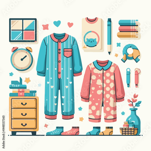 bed, home, sleep, pajamas, pajama, bedroom, child, woman, night, happy, sleepwear, young, female, lifestyle, girl, nightwear, clothes, kid, illustration, morning, rest, clothing, vector, person, white