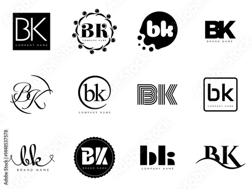 BK logo company template. Letter b and k logotype. Set different classic serif lettering and modern bold text with design elements. Initial font typography.