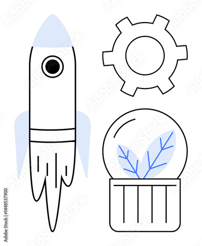 Rocket ready for launch, mechanical gear, terrarium with plants symbolizing growth, innovation, sustainability, and engineering. Ideal for science, technology, startup ecological design business