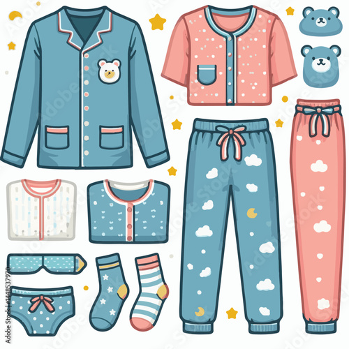 bed, home, sleep, pajamas, pajama, bedroom, child, woman, night, happy, sleepwear, young, female, lifestyle, girl, nightwear, clothes, kid, illustration, morning, rest, clothing, vector, person, white