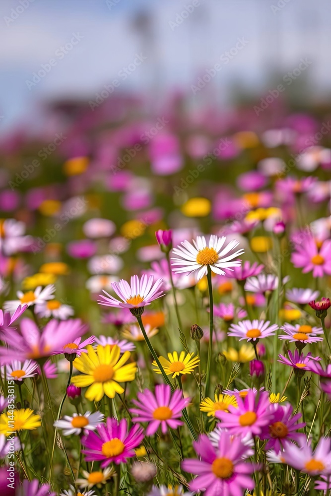 Obraz premium Vibrant Pink and Yellow Wildflowers: A Sunny Meadow Impression