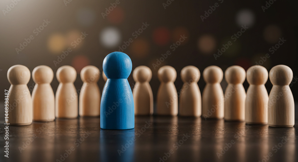 Blue wooden pawn figure standing forward from line of identical beige wooden figures on dark wooden surface with atmospheric lighting. Leadership concept showing individual stepping out from group. Blue wooden pawn figure standing forward from line of identical beige wooden figures on dark wooden surface with atmospheric lighting. Leadership concept showing individual stepping out from group.