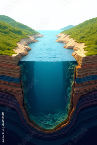 3D Rendered Cross-Section of Deep Sea with Coral Textures and Topography