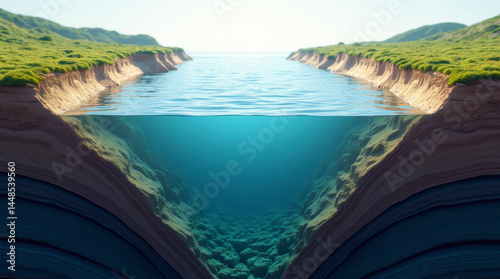 Isometric 3D Illustration of Deep Sea Channel with Geological Layers