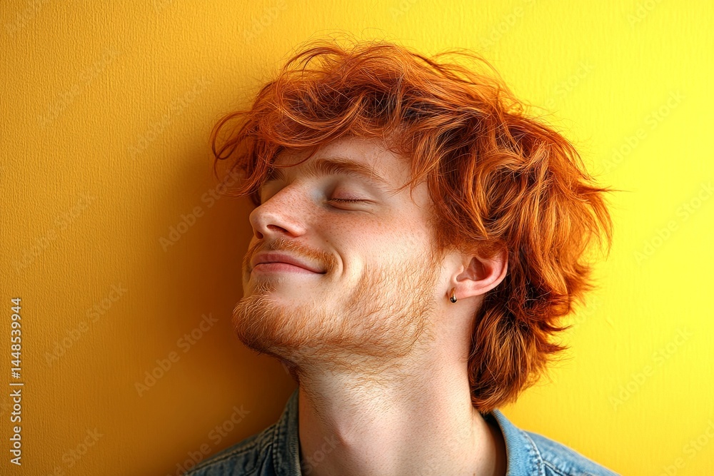 Yellow solid background. A peaceful and radiant male in a confident pose. Creative of style for aging men. Fashionable men's shoulder-length taper haircut - midlife white man with red hair.