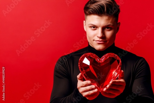 Professional studio snapshot, copyspace.  Isolated white young man on red background with sparkling rhinestones heart in hands.  Cute Valentine's Day greeting.