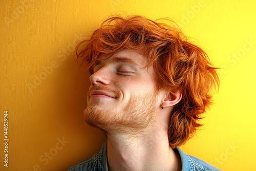 Obraz na płótnie Yellow solid background. A peaceful and radiant male in a confident pose. Creative of style for aging men. Fashionable men's shoulder-length taper haircut - midlife white man with red hair. w salonie