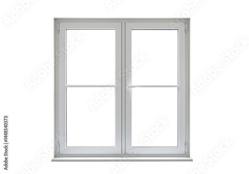 White double glass window with symmetrical vertical frame design isolated on transparent background