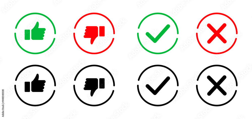 Yes or no icon. Green tick symbol and red cross sign in circle. Checkmark and check icon. Approval. Like and dislike icon. X or approve or deny line art vector icon for apps and websites and ui ux Yes or no icon. Green tick symbol and red cross sign in circle. Checkmark and check icon. Approval. Like and dislike icon. X or approve or deny line art vector icon for apps and websites and ui ux
