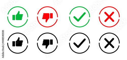 Yes or no icon. Green tick symbol and red cross sign in circle. Checkmark and check icon. Approval. Like and dislike icon. X or approve or deny line art vector icon for apps and websites and ui ux