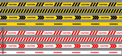 caution warning tape set: designed for industrial safety, roadwork, construction, and hazard zones. Vector illustration.
