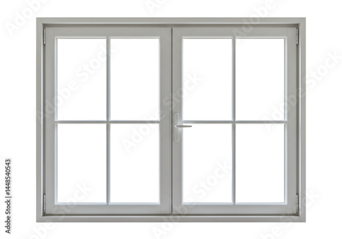 Grey double glass window with sliding center opening panels isolated on transparent background