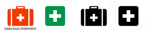 First AID kit with Red cross icon symbol. Medical briefcase icon. First aid medical sign flat icon in linear style on white and transparent background. vector illustration.
