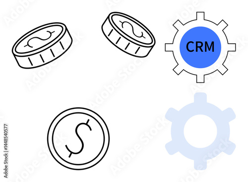 Coins with dollar signs and operational gear with CRM text emphasize fund management and system integration. Ideal for finance, technology, business strategy, CRM, automation, investment, growth