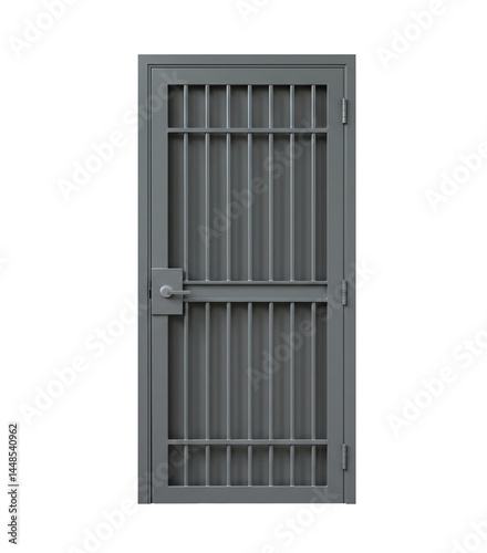 Steel security door with vertical bars and solid metal frame isolated on transparent background