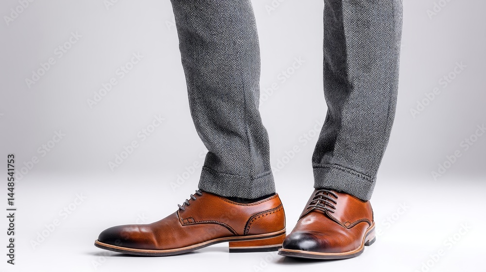 Stylish Brown Leather Oxfords - Closeup of a man's legs wearing brown leather oxfords and grey trousers against a light grey background Stylish Brown Leather Oxfords - Closeup of a man's legs wearing brown leather oxfords and grey trousers against a light grey background