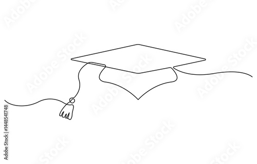 Graduation cap and diploma continuous one line drawing. hand drawn line art vector illustration of graduation hat, university graduation sign isolated white background.