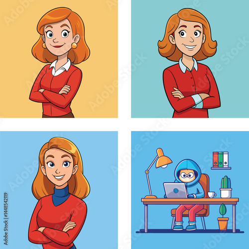 Cartoon Illustrations Of Red Haired Woman And Programmer Working At Desk