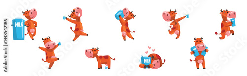Funny Cow Farm Animal Character with Milk Vector Set